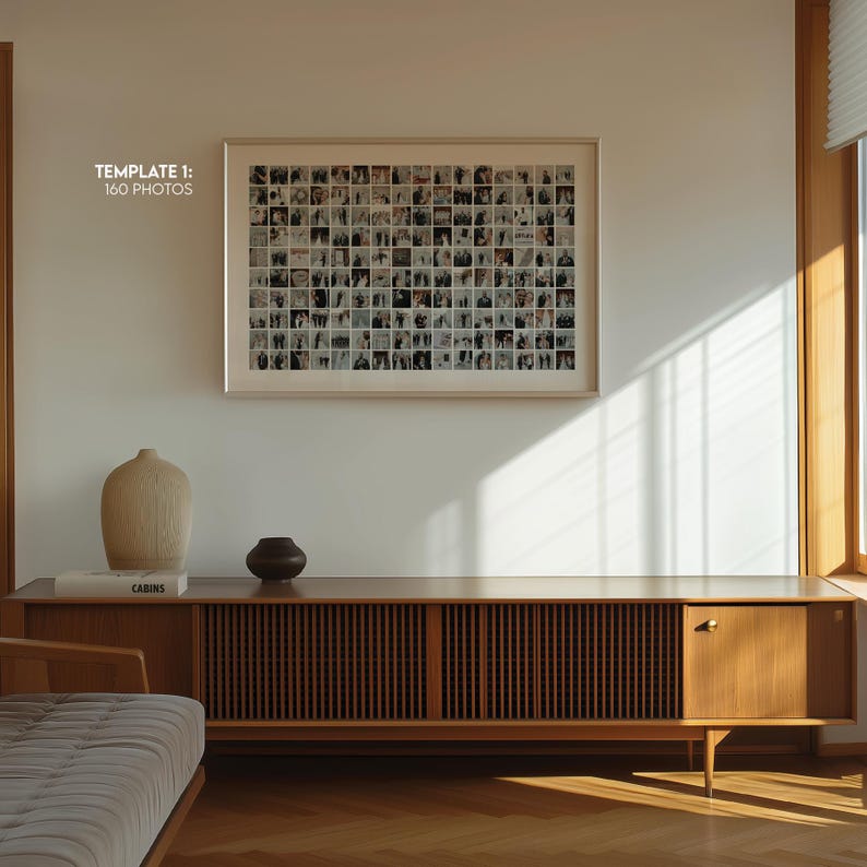 May include: A wooden cabinet with a framed photo collage of 160 photos. The cabinet has a slatted design on the doors and a small, round, dark-colored vase on top. A large, light-colored vase and a book are also on the cabinet.