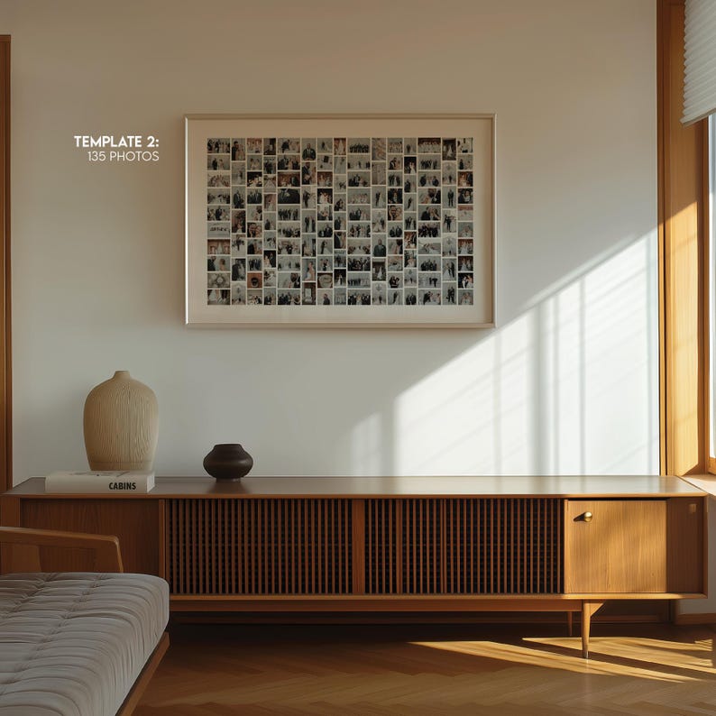 May include: A large rectangular wall frame containing a collage of 135 small photographs, displayed above a wooden slatted media console. The text TEMPLATE 2: 135 PHOTOS is visible in the upper left corner of the wall near the frame.