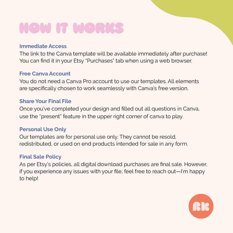 May include: A light beige graphic with the text "HOW IT WORKS" in pink bubble letters. The text explains immediate access, free Canva account, sharing files, personal use, and final sale policy. A small orange circle with the letters "RK" is in the bottom right corner.