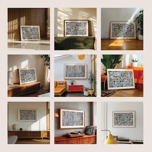 May include: A collection of framed art prints featuring a grid of small, black and white photographs. The frames are in various styles, including natural wood and white. The prints are displayed in different interior settings, showcasing the versatility of the artwork.