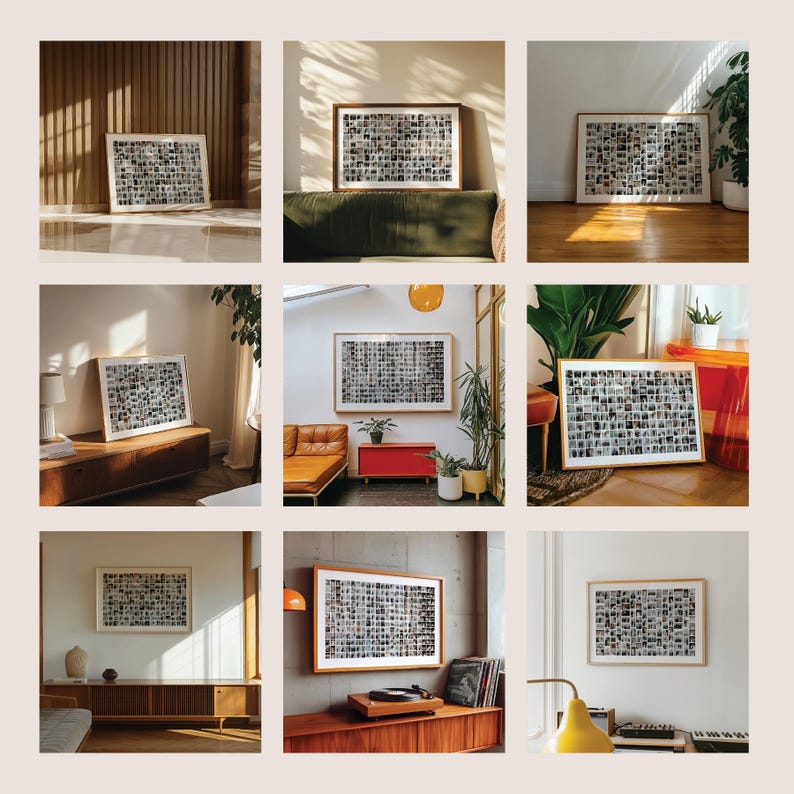 May include: A collection of framed art prints featuring a grid of small, black and white photographs. The frames are in various styles, including natural wood and white. The prints are displayed in different interior settings, showcasing the versatility of the artwork.