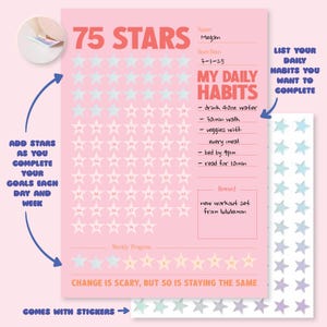 May include: A pink habit tracker sheet titled 75 STARS with numbered star outlines, a section for daily habits, a reward box, and a weekly progress bar. The sheet includes text instructions, a sheet of colorful star stickers, and a small circular inset.