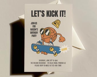 Retro Skateboard Birthday Invitation, Digital Download, Editable Canva Template, Skateboard Basketball Party Invite, Sports Party