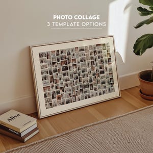 Peut inclure: Un collage photo encadré avec de nombreuses petites images en noir et blanc. Le cadre est de couleur claire, et le texte "PHOTO COLLAGE 3 TEMPLATE OPTIONS" est visible. Le collage repose sur un sol en bois, à côté de livres et d'un tapis.