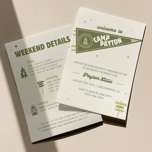 Uitnodiging vrijgezellenkamp en reisroute: bergweekend (bewerkbare canva-sjabloon)