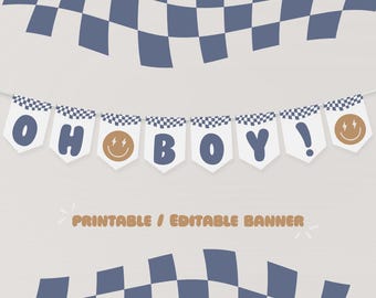 Blue Smiley Face Baby Shower Banner: Editable Printable (5x7 Canva Template)