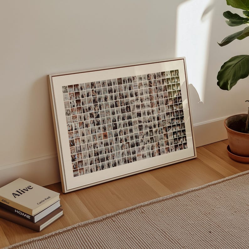May include: A framed artwork featuring a grid of small photographs. The frame is a light wood color, and the photos are arranged in a neat, organized pattern. The artwork is leaning against a white wall, with a stack of books and a potted plant nearby.