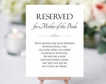 Mother Of The Bride Memorial Wedding Sign - Reserved Seat Wedding Ceremony - Printable Wedding Sign - Save A Seat - I'm In Heaven