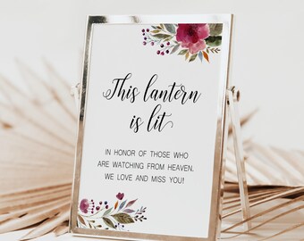 This Lantern Is Lit In Loving Memory Printable Memorial Wedding Sign - Burgundy Flowers