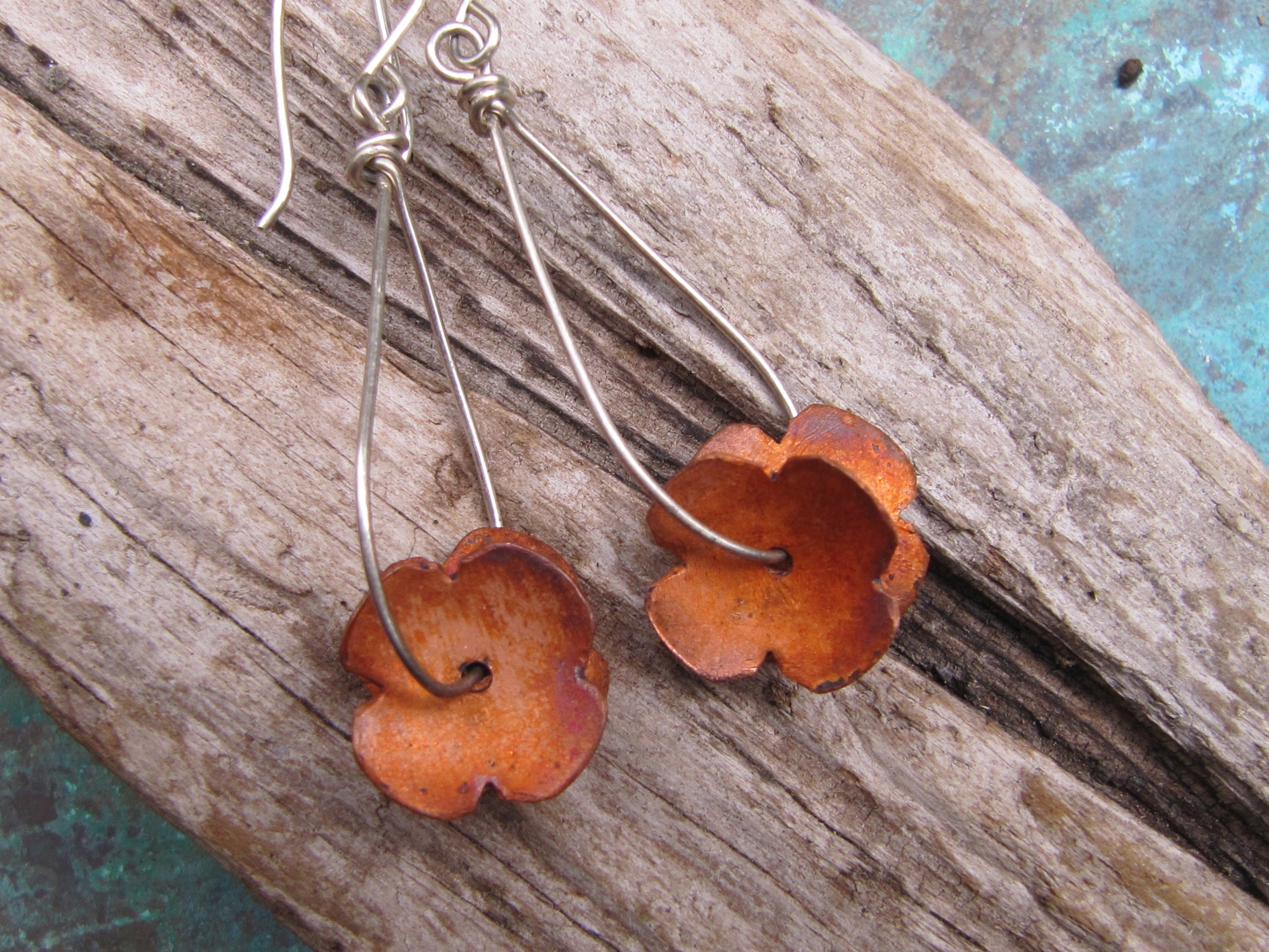 Wild Flower Copper Earrings Fire Patina on Sterling Silver | Etsy