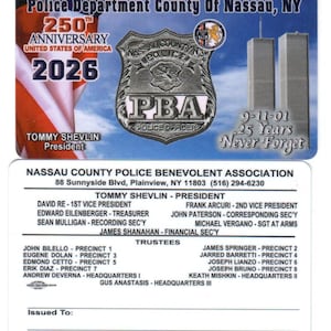 A new 2026 Nassau County Police PBA card.  Photo shows front and back of card.