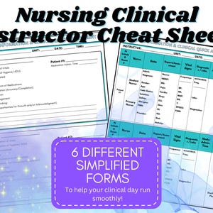 Puede incluir: Seis hojas de trucos clínicas de enfermería imprimibles diferentes para instructores. Las hojas están diseñadas para ayudar a los estudiantes a aprender y practicar habilidades esenciales de enfermería. Las hojas incluyen secciones para información del paciente, signos vitales, medicamentos y planes de atención.