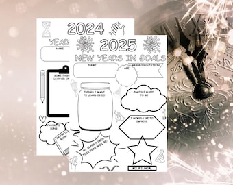 2025 Kids New Years Goals, Kids Year in Review, Kids New Year's Resolution Printable, New Year Activity for Kids New Year Kids Coloring Page
