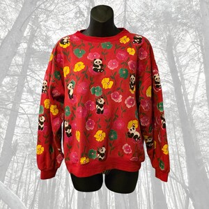トップス vintage 80s SPUMONI mama sweat Vintage 1980s Adorable Spumoni Sweatshirt - Red Floral & Pandas