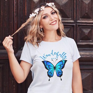 Butterfly Christian Woman T-Shirt, Blue Teal Nature Shirt, Beautiful Butterfly Top, Graphic Tee Gift, Women Christian Shirt Gift