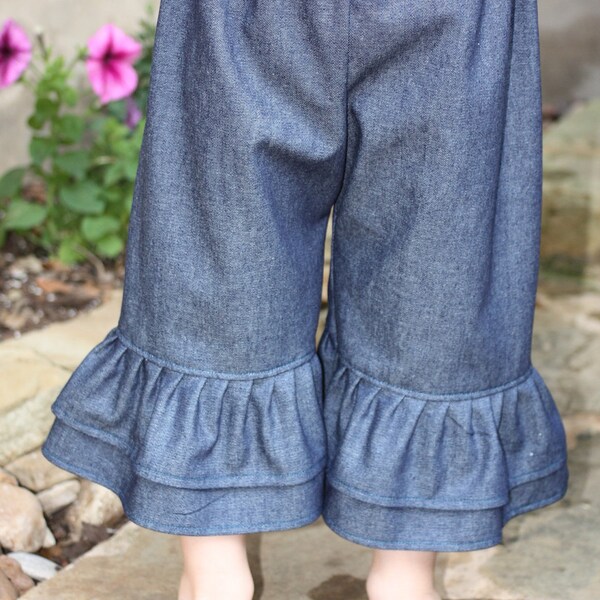 Double Ruffled Denim Capri Pants - Ready To Ship-Size 12m, 18m, 2,3,4,5 Ready To Ship