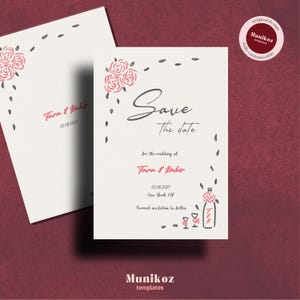 Rosenrebe SAVE THE DATE Vorlage Hand gezeichnete bearbeitbare Blumenkarte Funky Gartenparty Illustration Wunderliche botanische Hochzeitseinladung F03