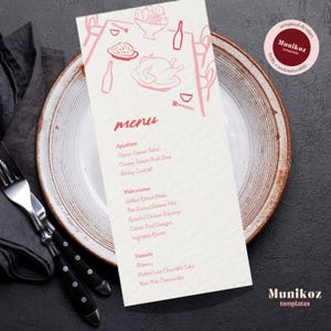 Plantilla de TARJETA DE MENÚ Menú de comida editable ilustrado de Vietnam dibujado a mano Configuraciones de mesa con garabatos divertidos Recepción de boda caprichosa V03