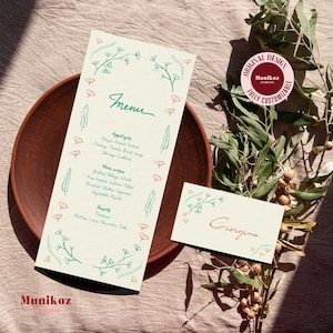 MENÜ + TISCHKARTE Vorlage Hand gezeichneter Ginkgo Rahmen illustriertes Essen Menü Außergewöhnliche Hochzeit im Freien F04
