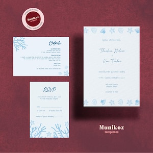 Coastal WEDDING INVITATION SET template Hand drawn seashell illustration Editable nautical theme Funky doodle Whimsical wedding invite A02