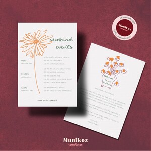 花のウェディングWELCOMEレターとWEEKEND EVENTテンプレート手描きイラストファンキーな落書き気まぐれな金色の花のウェディングテーマF01
