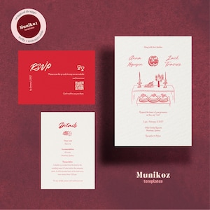 Vietnam inspirierte Hochzeit Einladung Set Vorlage Handgezeichnete Zeremonie Illustration Funky Gekritzel Whimsical Vietnam Hochzeitseinladung V03
