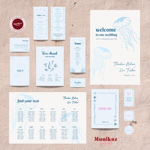 Coastal WEDDING DAY STATIONERY template Hand drawn seashell illustration invite Funky doodle Whimsical beach wedding A02
