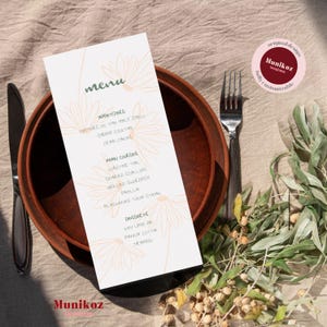 Floral MENU CARD template Hand drawn menu card Funky sunflower doodle table settings Whimsical floral wedding reception F01
