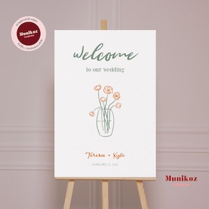 Willkommensschild-Vorlage Handgezeichnete Hochzeit Beschilderung Blumen illustriert Willkommenstafel Funky Doodle wunderliche Blumenhochzeit F01