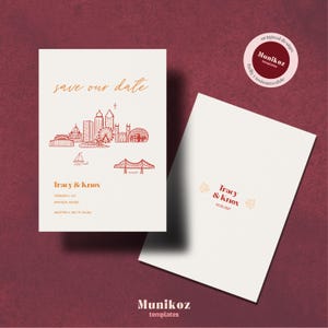 Plantilla para guardar la fecha de Montreal Horizonte de la ciudad dibujado a mano Tarjeta editable moderna Ilustración divertida Invitación de boda de destino caprichosa CA1