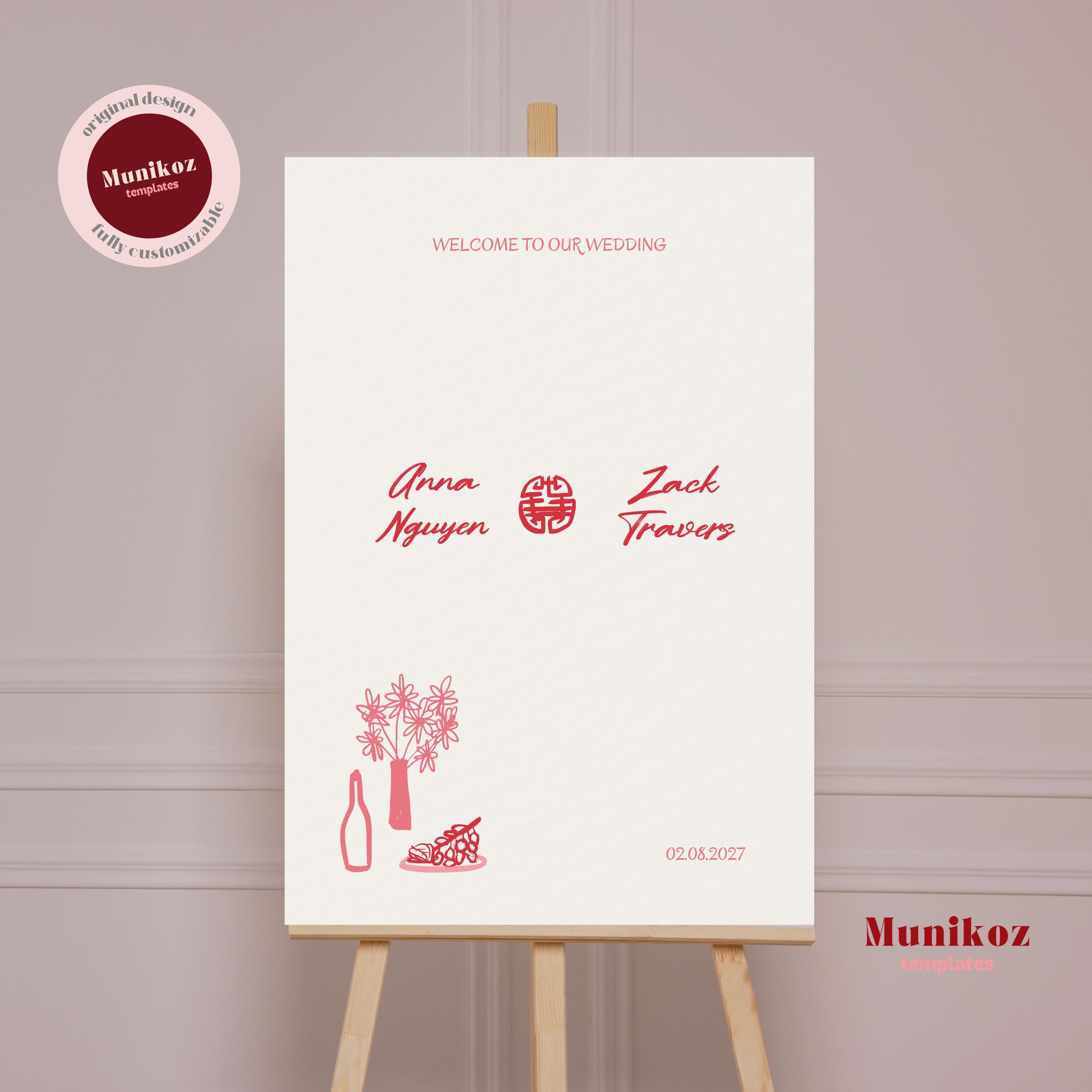 WELCOME SIGN SCHRIFT / WILLKOMMEN SCHILD vorlage Handgezeichnete Willkommenstafel Vietnam Hochzeit illustriert Willkommensschild Hochzeit V03 V03