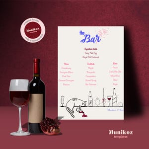 Plantilla de MENÚ DE BAR Letrero dibujado a mano Menú de bebidas ilustrado con gato Bebidas exclusivas con garabatos de gato divertidos Menú de bar de boda caprichoso A01