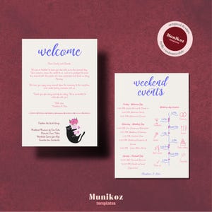 猫好きの結婚式 WELCOME レターと週末イベント テンプレート 手描きの猫のイラスト ファンキーな落書き 気まぐれな猫の結婚式テーマ A01
