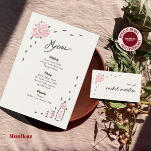 MENU + PLACE CARD Vorlage Hand gezeichnete Rose Rebe Illustrierte bearbeitbare Lebensmittel Karte Funky Doodle Tischdekoration Skurrile Hochzeitsfeier F03