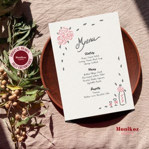 MENU CARD Vorlage Hand gezeichnet rote Rose Rebe Illustrierte bearbeitbare Lebensmittel Karte Funky Doodle Tischdekoration Wunderliche botanische Hochzeit F03