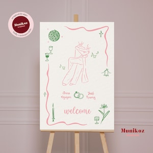 WELCOME SIGN template Hand drawn wedding signage Rosy outline illustrated welcome board Funky doodle Whimsical wedding reception V06