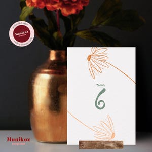 TISCHNUMMER-KARTEN-Schablone Hand gezeichnete Sonnenblume illustrierte Zahl-Karte Funky Gekritzel Tischdekoration Wunderliche Hochzeitsfeier F01