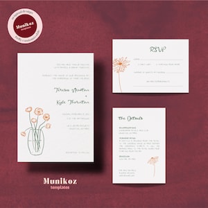 Bloemen HUWELIJKUITNODIGING SET sjabloon Hand getekende gouden bloem illustratie bewerkbare uitnodiging Funky doodle grillige bruiloft uitnodigen F01