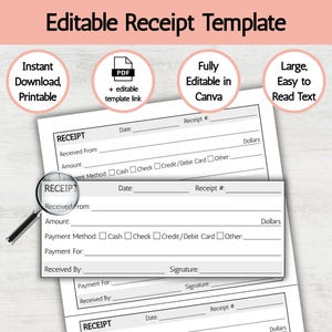 Editable Receipt Template, Printable Receipts, Simple Receipt, Rent Receipt, Small Business Receipt, Personal Receipt, Customer Receipt