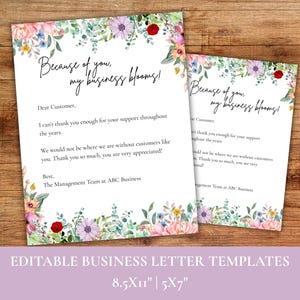 Plantillas de cartas editables "Gracias a ti, mi negocio florece", cartas comerciales, cartas de agradecimiento a clientes, cartas de recomendación de marketing floral