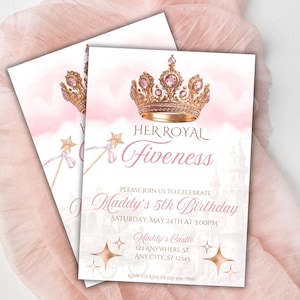 Modifiable son invitation d'anniversaire Royal Fiveness à imprimer, invitation anniversaire de princesse 5e anniversaire, anniversaire de filles, château de la couronne de princesse