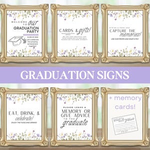 Borden en geheugenkaarten afstuderen 2025 afdrukbaar, borden Wildflower 2025 Graduate Party, decor Wildflower feest, drie maten inbegrepen