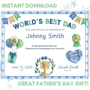 World&#39;s Best Dad Certificate Printable, Father&#39;s Day Gift, Best Dad Award, Gift for Dad, DIY Gift for Dad, Father&#39;s Day Award Printable