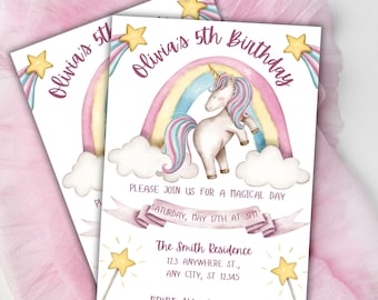 Editable Rainbow Unicorn Birthday Invitation Printable, Girls Birthday Invite Kids Birthday Invitation 4th 5th 6th Magical Pastel Unicorn
