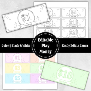 Editable Play Money Printable, Kids Reward Bucks, Allowance Play Money, Digital Download Reward Bucks, Pretend Money, Color | Black & White
