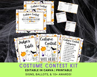 May include: A Halloween costume contest kit featuring printable signs, ballots, and award certificates. The designs include illustrations of ghosts, pumpkins, bats, and candy corn on a white background with purple and orange borders and text.