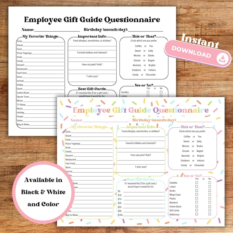 Employee Gift Questionnaire.pdf Work Birthday Questionnaire Printable, Favorite Things Survey Team ...