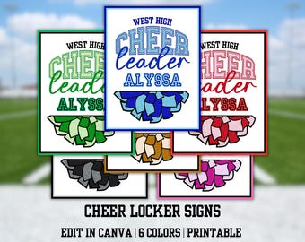 Peut inclure: Six panneaux de casier de pom-pom girl colorés avec le texte "West High Cheerleader Alyssa" et des graphiques de pompons. Les panneaux sont de différentes couleurs, dont le vert, le bleu, le rouge, l'or, le gris et le rose, avec une bordure noire. Le texte "Cheer Locker Signs" et "Edit in Canva | 6 Colors | Printable" est en bas.