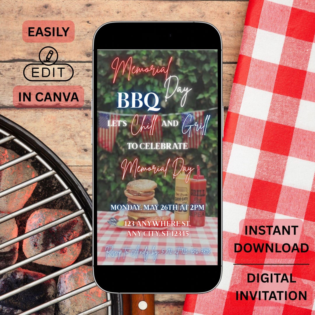 Editable Memorial Day BBQ Digital Invitation, Red White and Blue Invite ...