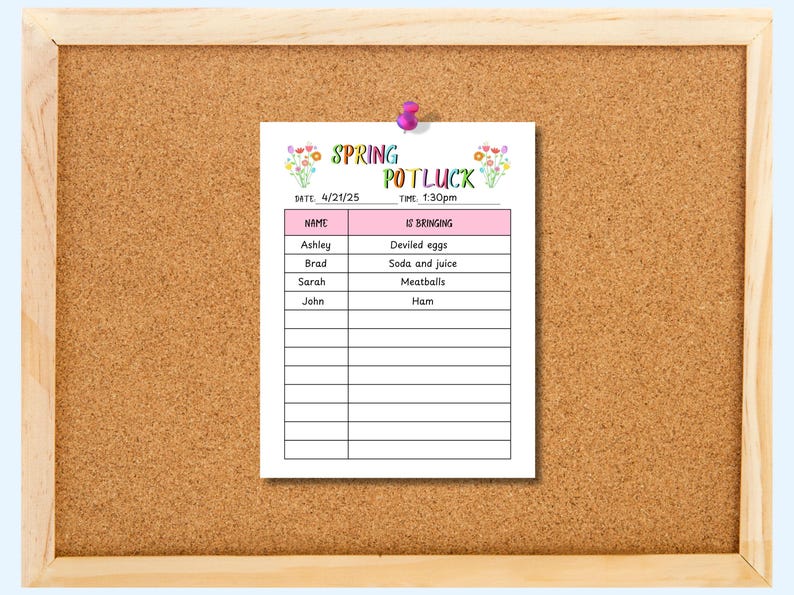 Spring Potluck Sign up Sheet Printable, Office Potluck Sign-up Sheet ...